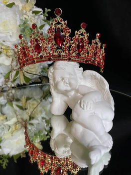 Діадема з кристалами Swarovski Золотиста з червоним камінням 14х6 см Красива діадема для нареченої