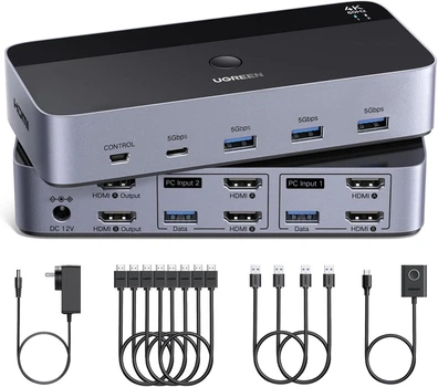KVM-переключатель Ugreen HDMI KVM Switch 2 Monitors 2 Computers 4K@60Hz, 4 Port USB Grey (AK500)