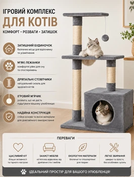 Игровой комплекс для котов и кошек с когтеточкой и домиком многоуровневый столбик дряпка дерево с 3 уровнями и игрушкой 84х50х30 см