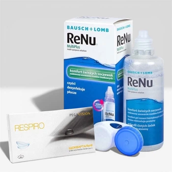 Комплект контактні лінзи для зору гідрогелеві квартальні Pegavision Respiro + Розчин для лінз Bausch & Lomb ReNu MultiPlus 120 мл -2.25