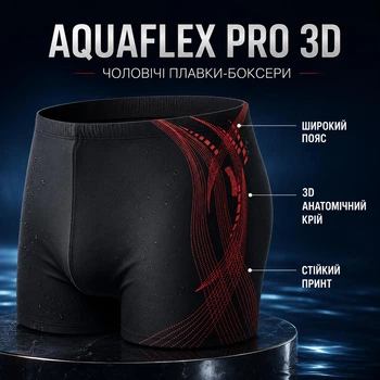 Чоловічі плавки-боксери AquaFlex Pro 3D чорні для плавання басейну та пляжу швидковисихаючі з анатомічним кроєм р. 3XL (чорний/червоний)