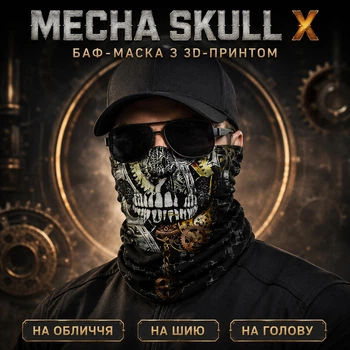 Бафф-маска DARK FACE 3D с принтом, бандана-шарф, подшлемник, 50×25 см, черный/белый/золотой — Механический череп