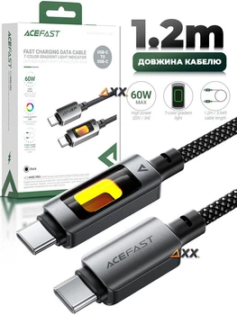 Дата кабель USB-C to USB-A кабель для заряджання телефона, для передавання даних у тканинному нейлоновому обплетенні з градієнтною підсвіткою 1.2m 60W 3A AceFast Black