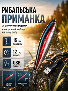 Рибальська міні приманка 15 см аккумуляторна електронна на хижу рибу для рибалки у подорож, Туристичний портативний світлодіодний воблер що світиться та рухається з usb зарядкою та акумулятором з часом роботи 12 годин для рибаків на щуку окуня та судака