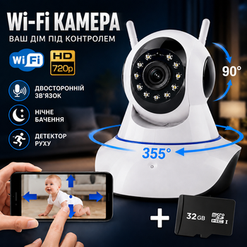 Камера видеонаблюдения беспроводная Wi-Fi видеоняня Smart Net Camera поворотная с двухсторонней связью + Карта памяти 32 Гб