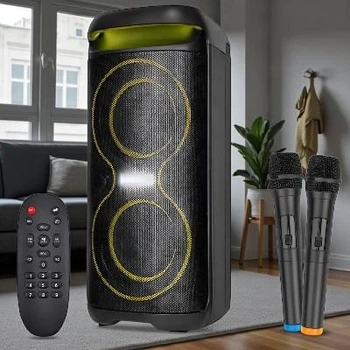 Колонка караоке аккумуляторная ZXX 30 Вт Bluetooth USB microSD AUX FM TWS RGB подсветка 2х6" портативная акустическая система с 2 беспроводными микрофонами и пультом Черная (О755-XXZ)