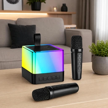 Портативная акустическая система Bluetooth для караоке и вечеринок с 2 микрофонами, RGB колонка USB TF AUX FM Черная (8ІK)