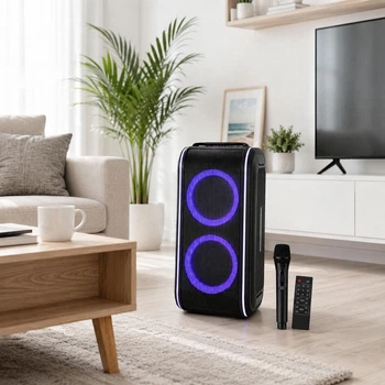 Портативная Bluetooth колонка 30Вт с RGB подсветкой, беспроводным микрофоном, пультом ДУ, MicroSD и аккумулятором Черная (ZZ-6ОZF)