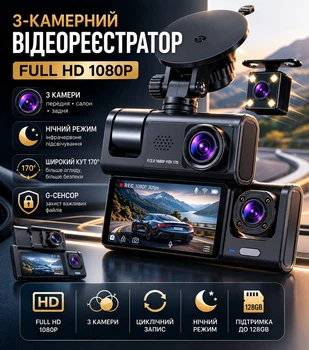 Автомобильный видеорегистратор с тремя камерами для фиксации событий на дороге Full HD 1080P ночная съёмка G‑сенсор одновременная запись с двух камер 2 дюйма