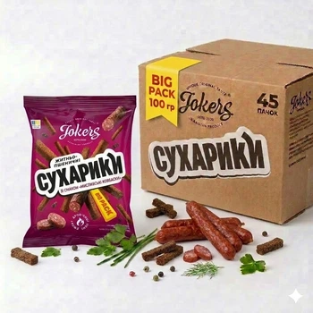 Ящик сухариків житньо-пшеничні 45 уп Мисливські ковбаски Big pack Jokers м/у 100г