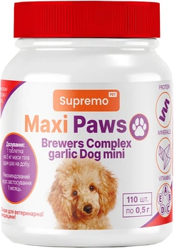 Витамины Supremo Maxi Paws комплекс пивных дрожжей с чесноком для собак малых пород, таблетки 110 шт. х 0.5 г (4820275973634)
