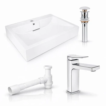 Комплект Qtap Arvin 595×595 White: раковина на стиральную машину + смеситель Nando Chrome + донный клапан + сифон