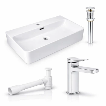 Комплект Qtap Nando LT 610×420 White: подвесная раковина + смеситель Nando Chrome + донный клапан + сифон