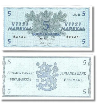 Банкнота 5 марок Фінляндія 1963 рік UNC