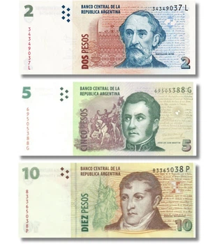 Набір 3 банкноти 2, 5, 10 песо Аргентина 2002 - 2012 рік UNC