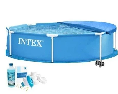 Бассейн каркасный Intex 28205-5в1 синий 244 х 51 см из ПВХ на 1828 л круглый с подстилкой альгениксом хлором в таблетках и тентом (9-163-28205-5)