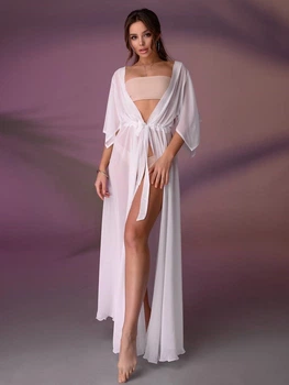 Жіноча довга пляжна туніка Long з шифону біла 42-50 (S-XXL)