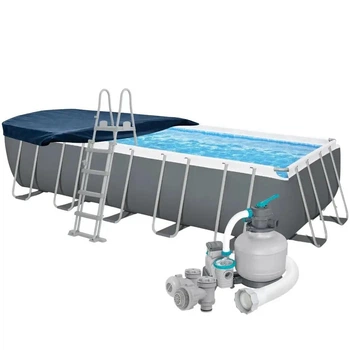 Каркасный бассейн Bestway 5612B серый Прямоугольный из ПВХ и стали 640 х 274 х 132 см на 19281 л с лестницей тентом и фильтром 6056 л/ч (9-163-5612B)