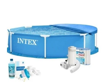 Бассейн каркасный Max Intex 28205-7в1 синий 244 х 51 см из ПВХ на 1828 л круглый с подстилкой фильтром 2006 л/ч картриджами альгениксом хлором в таблетках и тентом (9-163-28205-7 Max)