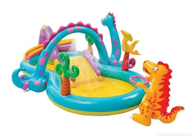Надувной игровой центр для детей Intex 57135 "Планета динозавров", 333 х 229 х 112 см, с фонтаном, надувным кольцом, яркое и безопасное надувное пространство для игр.
