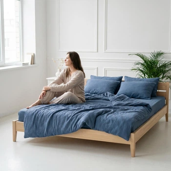 Постельное белье с резинкой NAVY BLUE, муслин Евро размер, наволочки 50/70