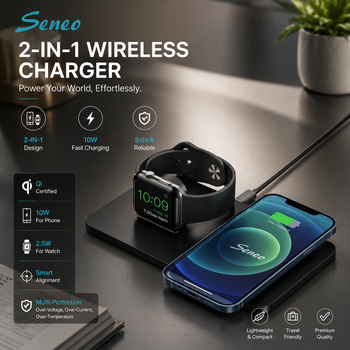Уценка Seneo PA150 Беспроводное зарядное устройство 2-в-1 для смартфона и Apple Watch, Qi 10W, быстрая зарядка, Черный