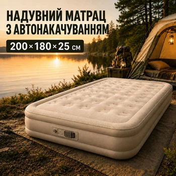 Надувний матрац двоспальний з автонакачуванням 200×150×25 см з вбудованим насосом та флоковим покриттям Бежевий