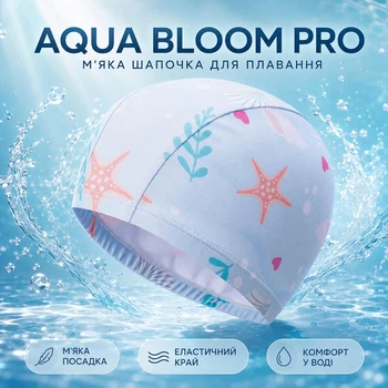 Шапочка для плавания детская текстильная эластичная AQUA BLOOM PRO 20×12 см голубая с морскими звездами