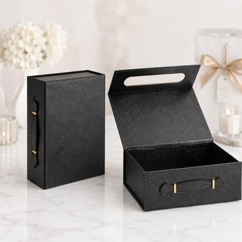 Подарункова коробка з ручкою BLACK 28,2×20,9×9,2 см, складана чорна коробка на магнітах під шкіру