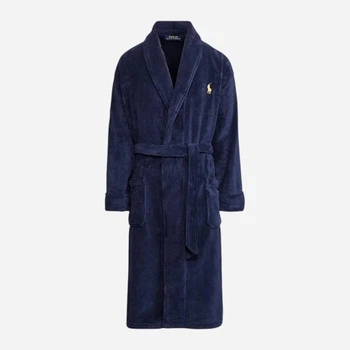 Чоловічий плюшевий халат Polo Ralph Lauren однотоній, темно-синій, довгий, L/XL