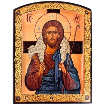 Икона "Добрый Пастырь" арочная на дереве 12х16 см
