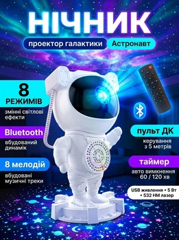 Детский лазерный ночник проектор звездного неба с Bluetooth Космонавт на Луне Astronaut Lamp с пультом ДУ и встроенными мелодиями