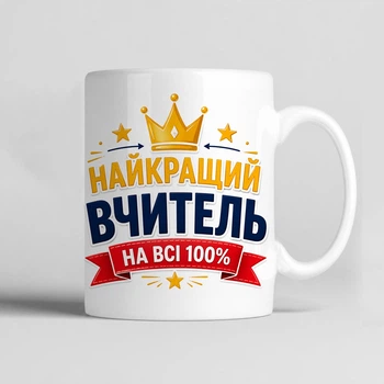 Чашка керамічна біла 330 мл з принтом "Найкращий вчитель на всі 100%" на подарунок вчителю