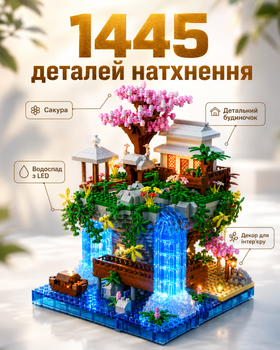 Великий конструктор Китайське містечко з водоспадом 1445 деталей з LED підсвіткою 16х19х20 см літаючий сад із сакурою будиночком мостом декоративний світильник розвивальний набір для дітей і дорослих подарунок та декор інтер'єру на стіл і полицю