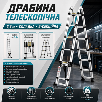 Лестница алюминиевая Stanley 1.9 / 3.8 м, раскладная двухсекционная стремянка для дома, дачи, ремонта, сада и работы на высоте
