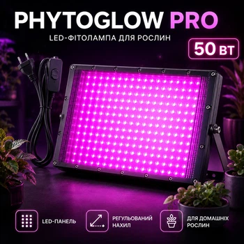 LED-фітолампа для рослин PHYTOGLOW PRO 50 Вт, 50 світлодіодів 2835, регульований нахил, підвіс, кабель з вимикачем