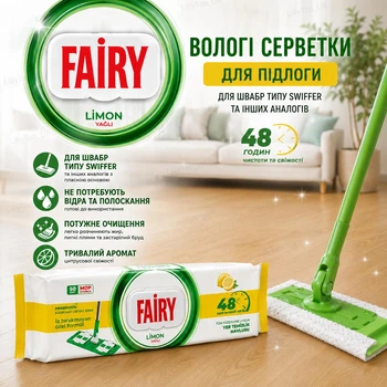 Вологі рушники (серветки) для миття підлоги Fairy power wipes Limon (з додаванням олії лимона і соди, білого оцту підходить до Swiiffer швабри) 50 листів 20 x 30 см