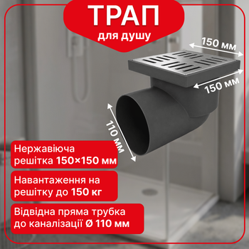 Трап нерегулируемый Kronoplast с нержавеющей решёткой 150×150 мм и горизонтальным выпуском Ø110 мм TS11501404