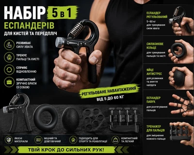 Набор эспандеров кистевых 5шт для пальцев рук и запястья, комплект эспандеров 10-60 кг OSPORT (OF-0304) Черный