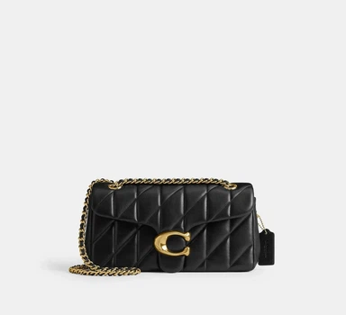 COACH Tabby 26 — жіноча сумка на ланцюжку, стьобана, чорна, золотий логотип