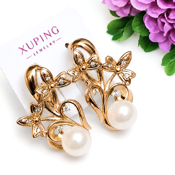 Серьги Xuping Jewelry длина 2.8см жемчуг 8мм медицинское золото позолота 18К с1695