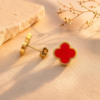 Сережки гладкі в стилі Van Cleef (Gold-Red)