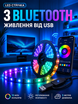 Умная светодиодная led лента rgb smd 5050 usb с bluetooth приложением разноцветная влагостойкая IP65 самоклеющаяся с пультом 5 метров лед диодная ргб мультиколор гирлянда блютуз от юсб powerbank повербанка для подсветки Авто ТБ ПК 5 вольт (El_App5050)