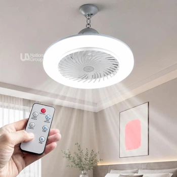 Вентилятор-люстра потолочный LED с пультом, светодиодная энергоэффективная лампа-вентилятор для патрона E27, универсальная люстра с вентилятором нейтральный свет для комнаты, спальни, кухни, офиса Белая, LVE-27-White