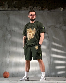 Мужской летний костюм Stone Island шорты+футболка S хаки (96164)