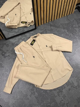 Мужской льняной костюм Polo Ralph Loren шорты+рубашка 3XL бежевый (RL0003)