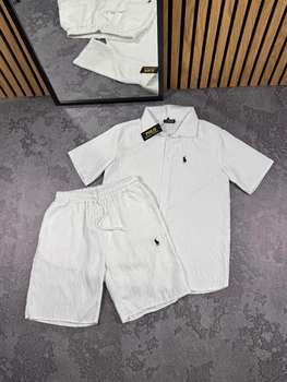 Мужской льняной костюм Polo Ralph Loren шорты+рубашка M белый (RL0010)