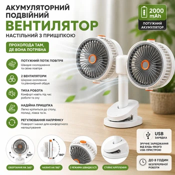 Двойной портативный вентилятор на прищепке 31 см аккумуляторный USB, настольный и подвесной