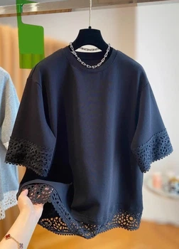 Футболка женская свободная с кружевом однотонная G&N Черная 22249 2XL (52-54)