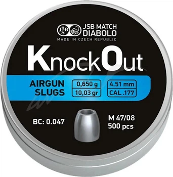 Пули пневматические JSB Diabolo Knock Out Slugs Кал. 4.51 мм. Вес - 0.65 г. 500 шт/уп